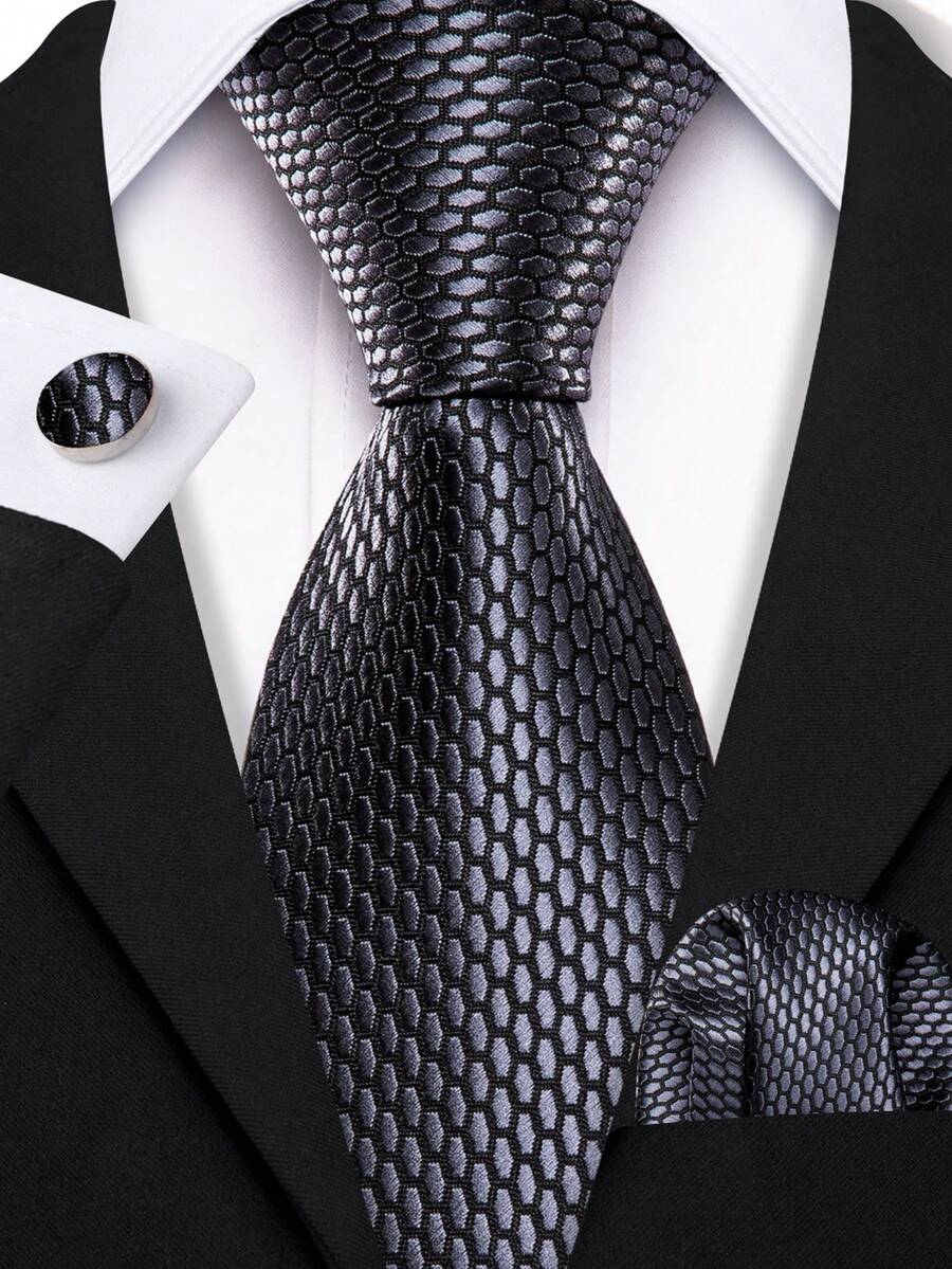 Formal Bussiness Men Grey Geometric Necktie Hankie Cufflinks Wedding Prom Dinner - Grey - View 1