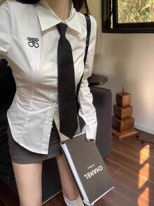 1件女款純色學院風休閒領帶，手綁式領帶，適合襯衫與日常穿著，百搭黑色領帶 - 黑色 - 查看 1