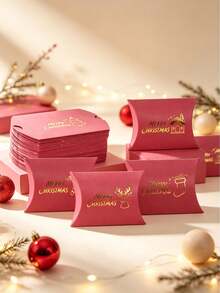 12PCS/Wholesale Christmas Pillow Gift Box Red Paper Candy Box 6 Kinds Cartoon Xmas Design Gold Foil Stamping 4.33*2.76 Inch Foldable Holiday Gift Packaging Box - View 8