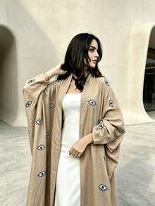 Middle Eastern Fashion Embroidered Cardigan Long Robe Arabian Dress White Linen Outerwear Women's Clothing Fall - Khaki - View 5