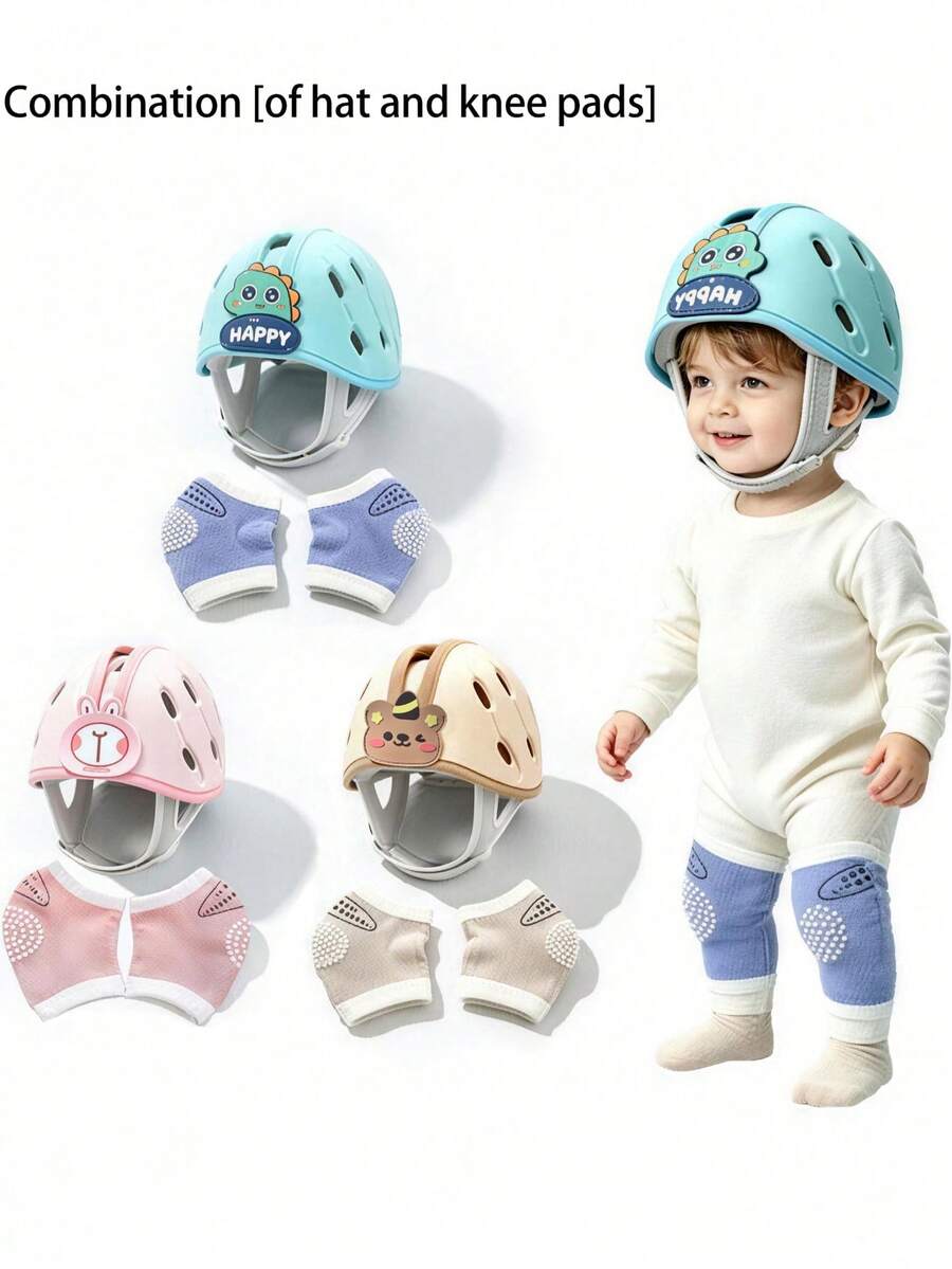 2pcs/Set Baby Anti-Fall Hat + Knee Pads, Baby Crawling & Walking Set, Cartoon Animal Style With Anti-Slip Knee Pads, Anti-Collision Toddler Protective Set, Suitable For Crawling, Walking And Playing In Multiple Scenarios - Baby Anti-fall Helmet + Knee Pads - View 1