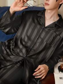 Gongdie 2pcs/Set Men's Pajama Set, Autumn/Winter Striped Silky Soft Loungewear With Pockets - Coffee Brown - View 3