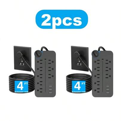 2/1PC  Power Strip, 4FT Extension Cord - 8 Outlets 4 USB Ports (1 USB C) Desktop Charging Station, Surge Protection Travel,Home,Kitchen,Office,College Dorm Room Essentials