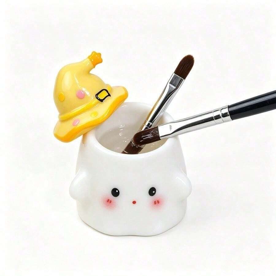 1pc Cute Ghost Ceramic Nail Brush Cup Mini Nail Brush Cleaning Container Pen Holder Practical Nail Tool, Suitable For Home And Nail Salon - Multicolor - View 1