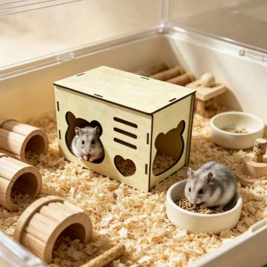 Natural Wood Hamster Hideout, Multi-Hole Small Pet Wooden Shelter, Breathable Cave Nest, Cage Decoration - A - View 1