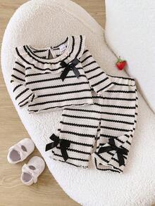 Baby Girl Black & White Striped Knit 2-Piece Set, Oversized Ruffle Collar Pullover Top + Bow Casual Long Pants Outfit - Black - View 1