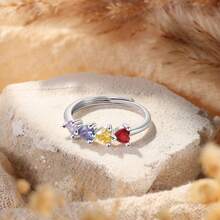 1pc Heart-Shaped Birthstone Ring, Minimalist Double Birthstone Ring, Customizable Stackable Ring, Christmas Gift, Gift For Mom, Birthday Gift For Her. - Silver - View 3