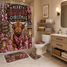 1pc/4pcs Christmas Pink Flower Candy Highland Cow Multi-Functional Bathroom Decor Shower Curtain Set, Free 12 Hooks, Premium Holiday Atmosphere, Bathroom Mat, U-Shaped Rug And Round Toilet Lid Cover, Suitable For All Christmas Scenes Decoration - Pink Flower Highland Cow - View 4
