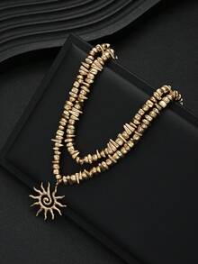 1pc Fashionable Minimalist Exaggerated Old Money Style CCB Asymmetrical Geometric Shape Beaded Sun Pendant Necklace For Women, Vacation, Date, Party, Ball, Banquet, Holiday, Birthday Gift, Daily Wear - Yellow Gold - View 5