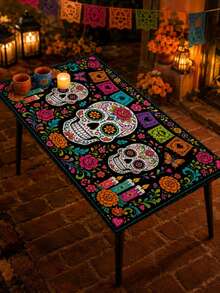 Gothic Halloween Tablecloth, Sugar Skull Rose Floral Pattern Tablecloth, Day Of The Dead Mexican Festival Decoration, Black Skull Design Dining Tablecloth, Rectangular Party Home Kitchen Desktop Decor - Multicolor - View 3