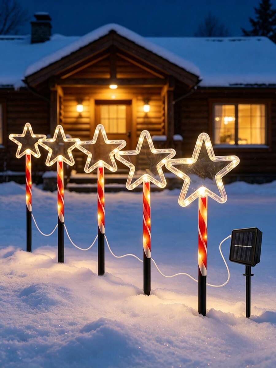 1 Set 5‑In‑1 Solar Powered Christmas Star Stake Lights, Candy Cane Pole LED Lawn Lights, Outdoor Waterproof Festive Accent Lamps For Garden Path, Porch, Yard, Xmas Party Scene Layout - Multicolor - View 1