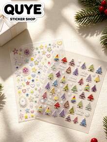 1 set d'autocollants décoratifs esthétiques, style broderie de Noël, sapin de Noël coloré, motif pailleté étoile et cœur, autocollants pour ordinateur portable, décoration d'appareil numérique pour adulte, pour iPad, coque de téléphone, appareil photo, tasse à eau, carte cadeau - FÉV-860 TO-5105 - Voir 1