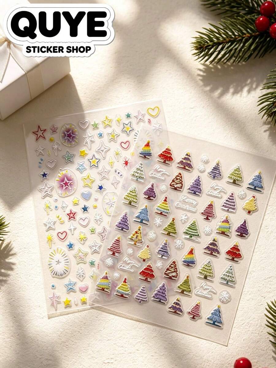1 set d'autocollants décoratifs esthétiques, style broderie de Noël, sapin de Noël coloré, motif pailleté étoile et cœur, autocollants pour ordinateur portable, décoration d'appareil numérique pour adulte, pour iPad, coque de téléphone, appareil photo, tasse à eau, carte cadeau - FÉV-860 TO-5105 - Voir 1