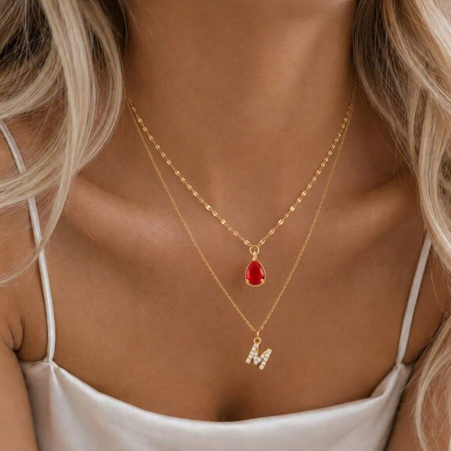 2Pcs/Set New Initial Water Drop Pendant Golden Stainless Steel Lip Chain Choker Layered Necklaces For Women - Yellow Gold - View 1
