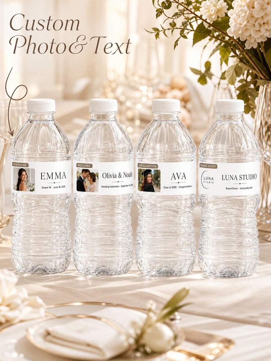 1pc Custom Photo Text Water Bottle Labels, Self‑Adhesive Personalized Bottle Stickers, Wedding Birthday Graduation Brand Event Party Decoration Favors - Multicolor - View 1