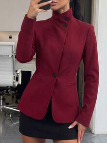 Blazer Wanita Kerah Tinggi Kancing Tunggal Potongan Slim Fit, Jaket Jas Lengan Panjang Warna Polos Potongan Slim Fit - Merah - View 8