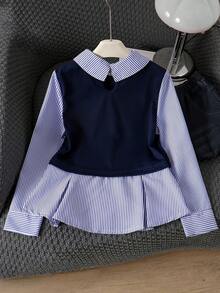 8-12 Years Old Tween Girls Spring/Autumn New College Style Blue & White Striped Color Block 2-In-1 Single-Breasted Lapel Long Sleeve Pullover Shirt Top - Blue - View 7