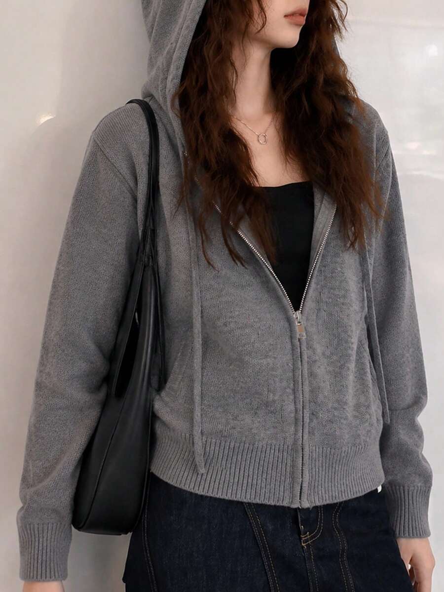 Women's Autumn/Winter Minimalist Hooded Cardigan Sweater Open Front Jacket - Grey - View 1