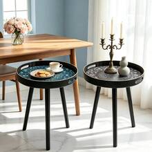 Bohemian Round Side Table,Plastic With Handles,Blue Maze Pattern Side Table,Modern Vanity And Serving For Ottoman,Coffee Table,Kitchen And Bathroom,Small Home Furniture,For Living Room,Bedroom,Balcony,Ideal Holiday Housewarming Gift - Black - View 4