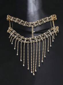 1pc Exotic Gold Rhinestone Tassel Face Chain, Hollow Mesh Chain Face Mask Headpiece, Ball Party Photography Atmosphere Headwear, Vintage Glamorous Heavy Rhinestone Head Chain, Stage Photo-Worthy Styling Accessory - Gold - View 3