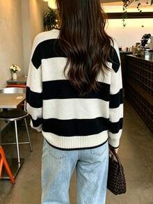 LOVE JOYY Women's Casual Colorblock Striped Crew Neck Knit Sweater, Soft Knit Top, Suitable For Autumn/Winter Daily Wear - Multicolor - View 9