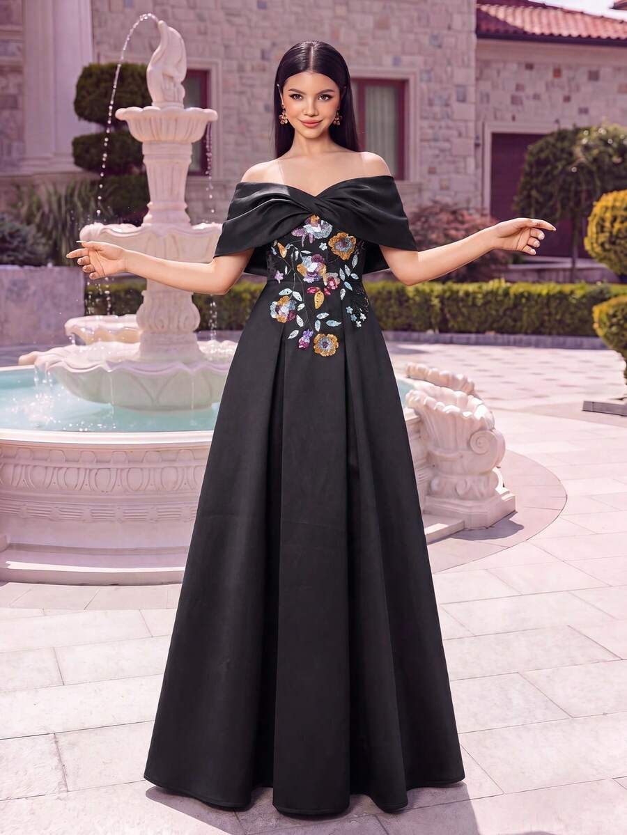 Gaun Malam Satin Tanpa Bahu Alisa&Leo untuk Remaja, Bordir Bunga, Rok A-Line, Resleting Belakang, Cocok untuk Prom, Pesta, dan Acara Sosial