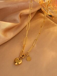 VceTd 1/2/3 piezas Conjunto de joyería de acero inoxidable estilo romántico de moda para mujer con cadena de clip de papel y colgante de corazón, adecuado para uso en citas de mujeres o regalo del Día de San Valentín - Amarillo Oro - Ver 4