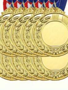 4 Customizable Gold Blank Medals With Blue And Red Ribbons - Personalized Winner Awards For Sports, Outdoor Activities, Sports Awards, Elegant Design, Durable Metal, Sports Award Set, Outdoor Activity Decoration, Classic Medal Design, Polished Surface - Gold - View 1