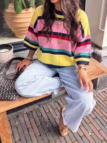 Women's New Autumn Colorblock Striped Knit Top, Casual Daily Commute, Preppy Style - Yellow and Pink - View 1