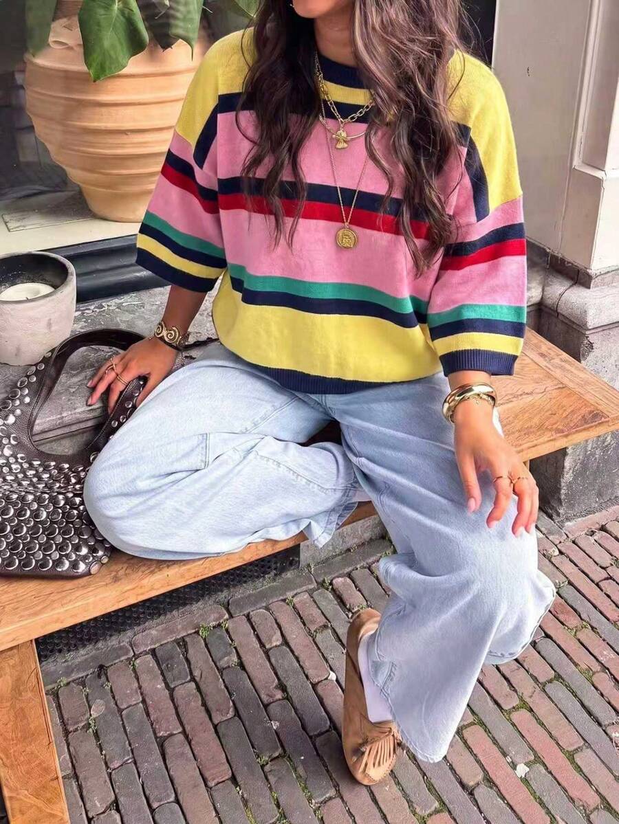 Women's New Autumn Colorblock Striped Knit Top, Casual Daily Commute, Preppy Style - Yellow and Pink - View 1