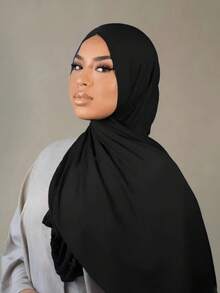 1pc Women's Milk Silk Solid Color Jersey Soft Headscarf Arabic Casual Long Scarf Conservative Plain Headwrap Suitable For Daily Use - Black - View 3