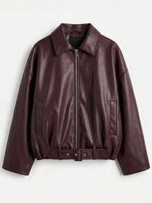 Women's Buckle Leather Oversize Relax Fit Cut Jacket - Burgundy - View 2