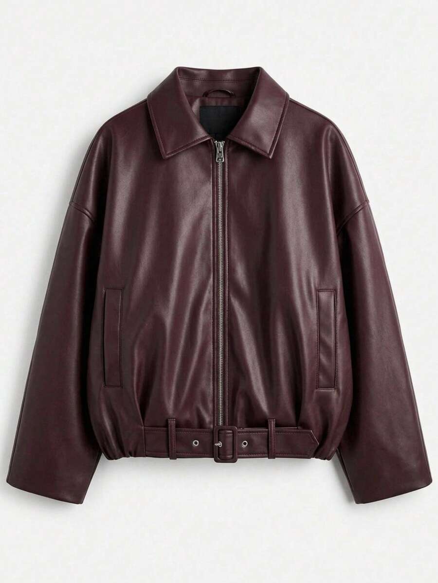 Women's Buckle Leather Oversize Relax Fit Cut Jacket - Burgundy - View 1