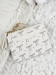 Pink Bow Print Chain Keychain Wallet Compact Purse With Zipper Multiple Card Slots Coin Cash Compartment Unisex Daily Use Travel Gifting Card Holder - Light Grey - View 9