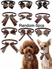 2/5/10pcs Retro Leopard Print Plaid Pet Bow Tie Collar, Light Luxury Pearl-Embedded Cat & Dog Neckwear, Teddy Maltese Cat Costume Accessory - Multicolor - View 9