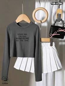 Girls Crew Neck Loose Long Sleeve Top, Fall   Winter Cotton Top, Girls Street Style Clothing - Grey - View 11