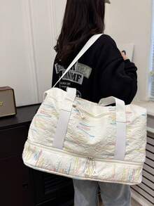 Travel Luggage Bag With 3D Diamond Quilted Embossed Texture, Colorful Line Print, Front Zipper Pocket For Quick Access To Small Items, Dual Short Hand Straps And Adjustable Long Crossbody Shoulder Strap, Suitable For Gym Training, Outdoor Trips, Short-Distance Travel And Luggage Storage - Beige - View 8