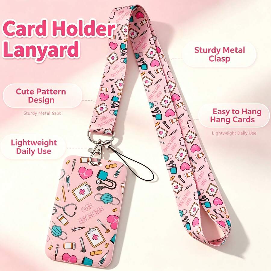 1 Set Doctor Nurse ID Card Holder Lanyard, PP Material, Pattern Includes Stethoscope, Mask, Heart, Portable, Suitable For ID Badge, Campus Card, Access Card, Meal Card, ID Card, Suitable For Medical Staff, School, Back To School Card Holder, Christmas Gift - Pink - View 1