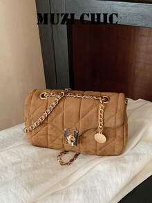 Quilted Diamond Pattern Shoulder Bag, Crossbody Or Shoulder Carry, Lock Closure, Elegant Commuter Style, Chain Small Square Bag, Suitable For Daily Outings, Dates And Gatherings, Creates A Sophisticated Atmosphere, Capacity Meets Personal Item Storage, Minimalist And Versatile, Matches Multiple Outfit Styles, Easily Enhances Overall Elegance - Brown - View 1