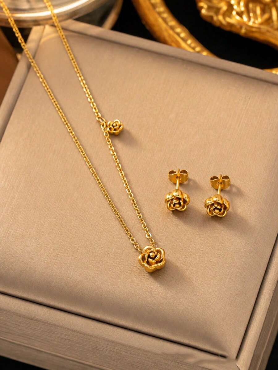 VceTd 1/2/3PCS Elegant Style Rose Shaped Stainless Steel Women Jewelry Set Suitable For Daily Wear Or Wedding Or Holiday Gift - Yellow Gold - View 1