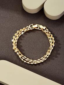 1pc Delicate Heavy-Duty Style Oval Bezel-Set Zirconia Layered Spliced Gold Thin Bracelet, Bridal Accessory, Holiday Gift, Party Wear - Gold - View 5