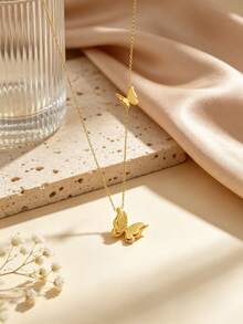 1pc Minimalist Elegant Style Matte Butterfly Pendant Stainless Steel Women's Necklace Suitable For Daily Wear/Party/Evening/Street Style/Friend's Holiday Gift - Yellow Gold - View 1