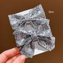 2pcs Korean Style Minimalist Silver Bow Hair Clips, Suitable For Daily Wear Hair Accessories - Silver - View 10