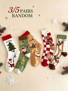 3/5 Pairs Random Style Christmas Mid-Calf Socks, Santa Claus Christmas Tree Gingerbread Man Reindeer Jacquard Casual Socks, Unisex Holiday Gift Socks - Multicolor - View 1