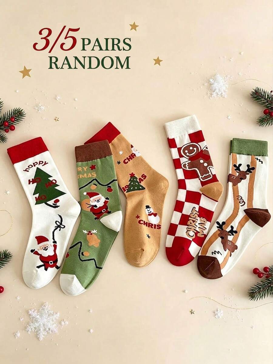 3/5 Pairs Random Style Christmas Mid-Calf Socks, Santa Claus Christmas Tree Gingerbread Man Reindeer Jacquard Casual Socks, Unisex Holiday Gift Socks - Multicolor - View 1