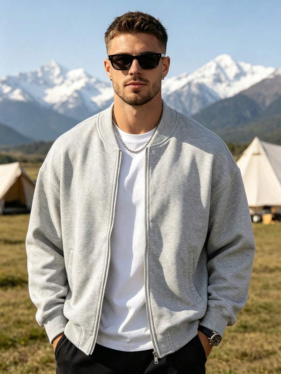 Men's Zipper Flight Jacket, Lightweight Jacket, Solid Color, Husband, Long Sleeve, Work, Suitable For Autumn - Light Grey - View 1