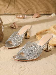 On feet& in love Women's Summer Fashion Elegant Rhinestone Open Toe High Heel Sandals, Versatile Commuter High Heel Slippers, Suitable For Matching With Dresses - Silver - View 5