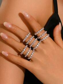 10 Piece Iron Ring Set, Set With Rhinestone And Stackable Plain Ring, Elegant Finger Accessory For Women's Daily Parties - Pink - View 1