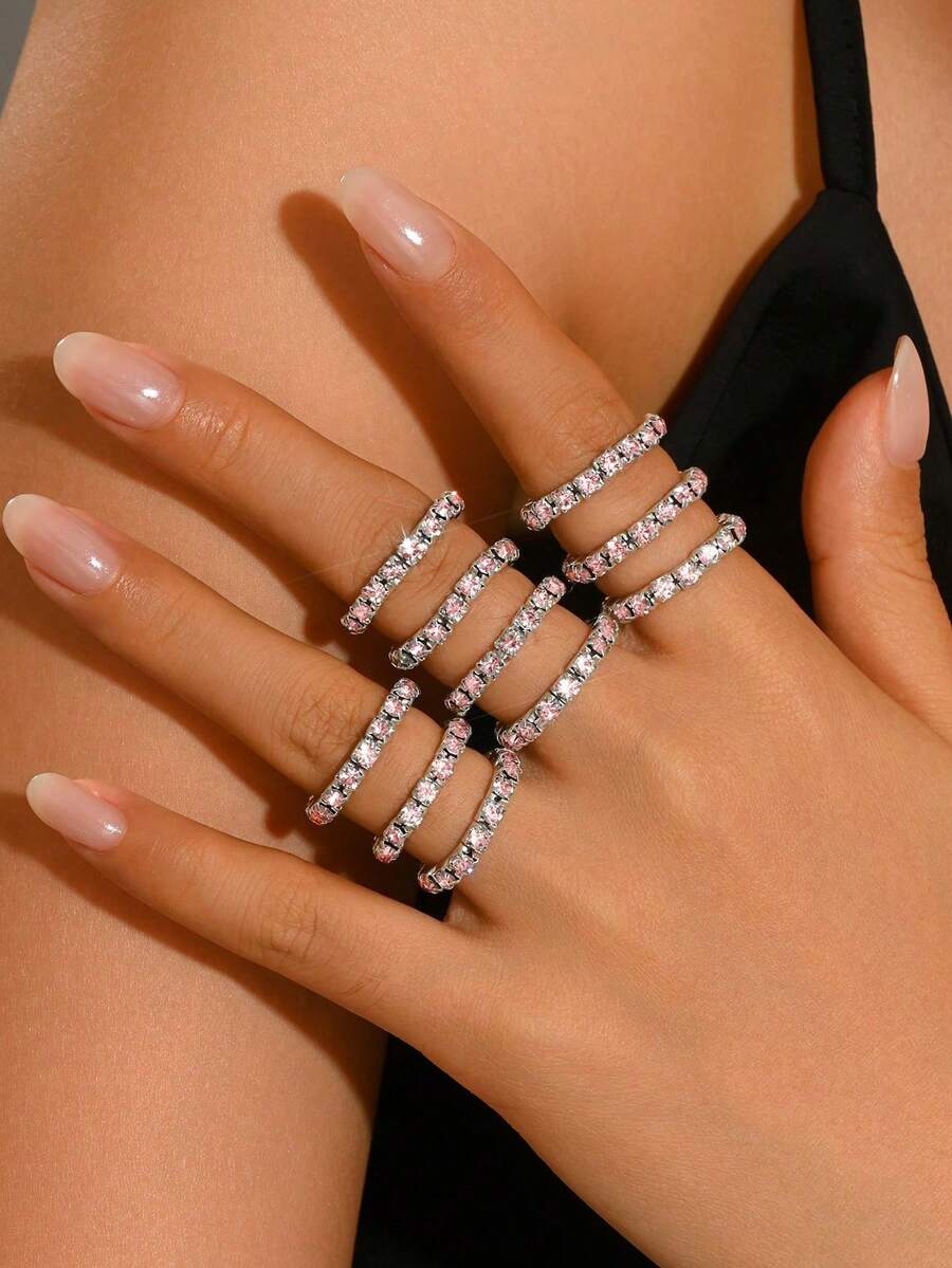 10 Piece Iron Ring Set, Set With Rhinestone And Stackable Plain Ring, Elegant Finger Accessory For Women's Daily Parties - Pink - View 1