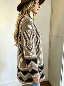 American Vintage Pattern Cardigan, Loose Fit Drop Shoulder Long Sleeve Knit Jacket - Khaki - View 6
